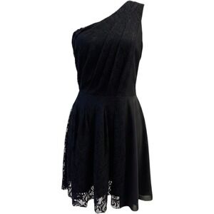 MM Couture by Miss Me Med Black LBD Lace One Shoulder Y2K 90s Fit Flare Cocktail